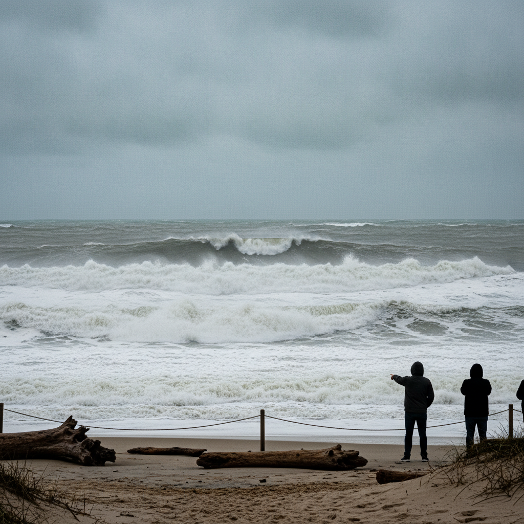 Two people observing large, turbulent waves at Pensacola Beach under a cloudy sky duri — Pensacola Beach high surf warning