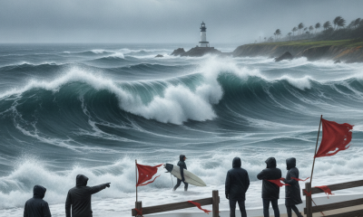 Surfers and spectators watch large waves at a coastal area under a high surf warning, with a — Pensacola high surf warning