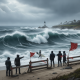 Surfers and spectators watch large waves at a coastal area under a high surf warning, with a — Pensacola high surf warning