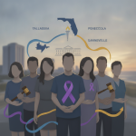 A group of people wearing purple ribbons stands together, symbolizing Domest — Domestic Violence Awareness Month Pensacola