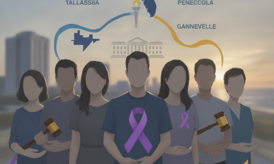 A group of people wearing purple ribbons stands together, symbolizing Domest — Domestic Violence Awareness Month Pensacola