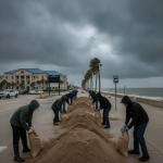 People filling sandbags along a coastal road in Pensacola as dark clouds loom overhead, prepa — Hurricane Isaias Pensacola