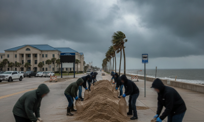 People filling sandbags along a coastal road in Pensacola as dark clouds loom overhead, prepa — Hurricane Isaias Pensacola