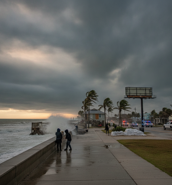 Two people walk along a stormy beach with high waves and dark clouds, as emergency vehicles a — Hurricane Isaias Pensacola