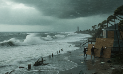 Coastal scene showing strong winds and high waves during a Pensacola hurricane warning, with people securing property.