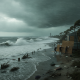 Coastal scene showing strong winds and high waves during a Pensacola hurricane warning, with people securing property.