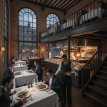 Elegant dining scene at The District Seville Steak and Seafood with patrons enjoying meals in a stylish interior.