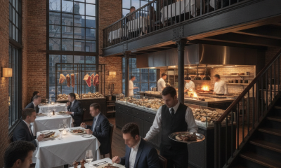 Elegant dining scene at The District Seville Steak and Seafood with patrons enjoying meals in a stylish interior.