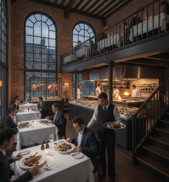 Elegant dining scene at The District Seville Steak and Seafood with patrons enjoying meals in a stylish interior.