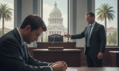 Jarrod Gordon Eldridge Tallahassee court case illustration showing a suited man signing papers as another gestures toward…