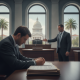Jarrod Gordon Eldridge Tallahassee court case illustration showing a suited man signing papers as another gestures toward…