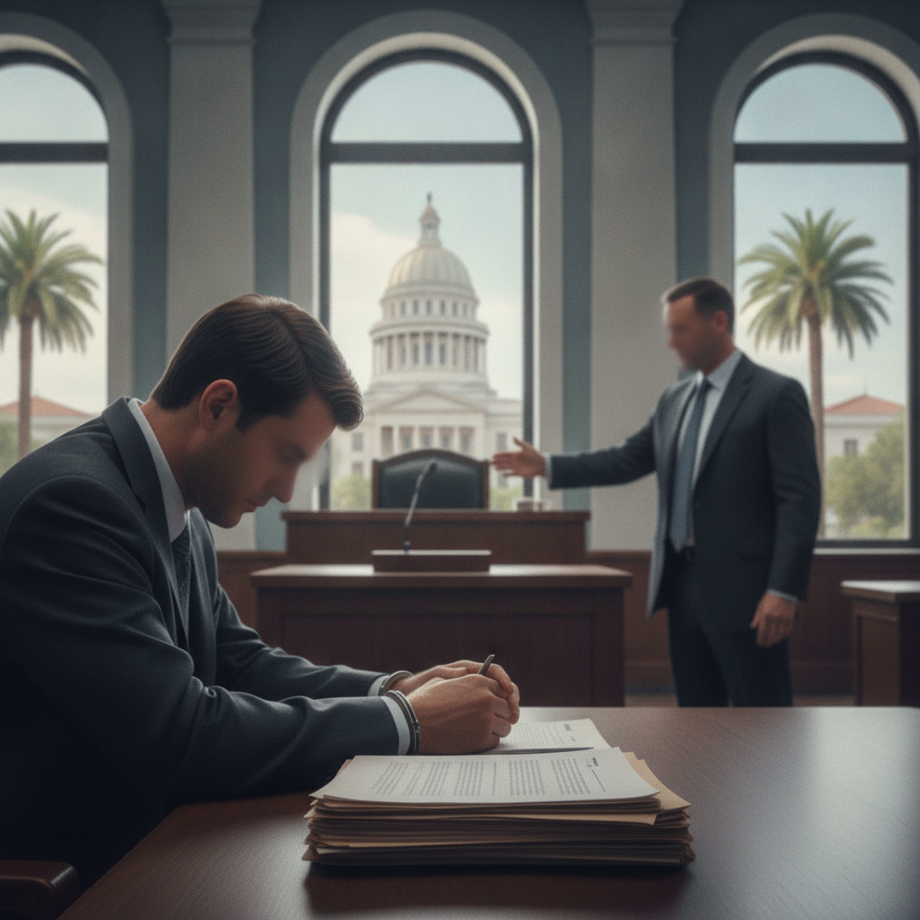 Jarrod Gordon Eldridge Tallahassee court case illustration showing a suited man signing papers as another gestures toward…