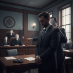 Illustration of Jonathan Deon Morehead standing in a courtroom beside an officer, with a handgun on the table.