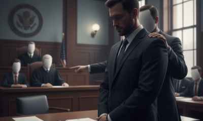 Illustration of Jonathan Deon Morehead standing in a courtroom beside an officer, with a handgun on the table.