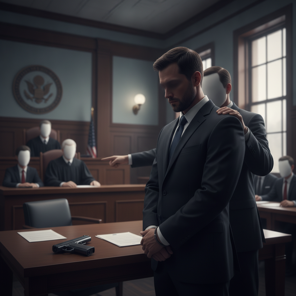 Illustration of Jonathan Deon Morehead standing in a courtroom beside an officer, with a handgun on the table.