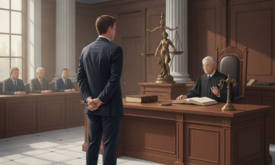Ilustración de un acusado ante un juez en una sala de tribunal, relacionada con p — posesion de arma de fuego tallahassee