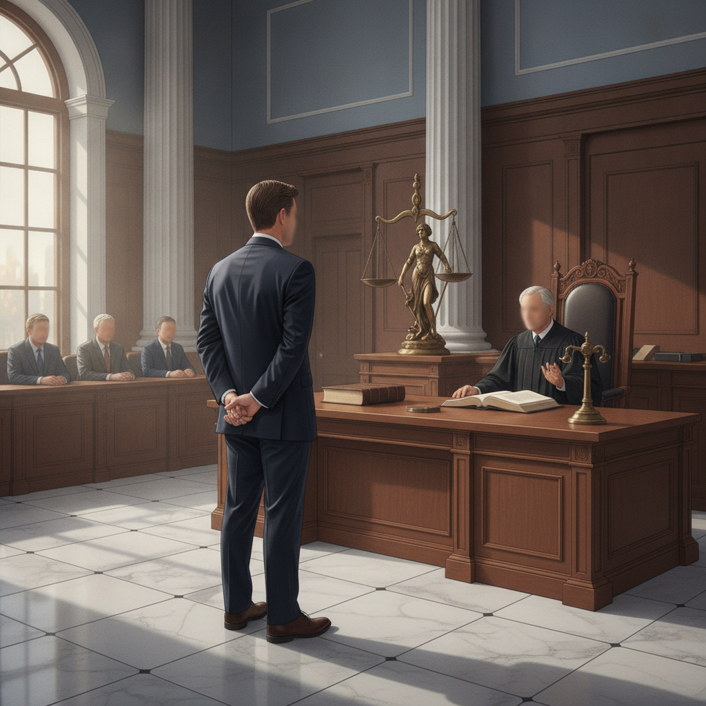 Ilustración de un acusado ante un juez en una sala de tribunal, relacionada con p — posesion de arma de fuego tallahassee