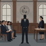 A courtroom scene with a jury, a defendant in a suit, and a lawyer presenting evidence, — condena por armas en Tallahassee