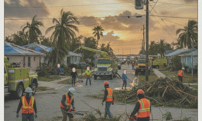 Utility crews clear fallen tree debris and repair power lines during Pensacola Hurricane Isaias recovery efforts.