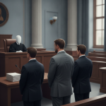 Ilustración de tres hombres ante un juez en una sala de tribunal, relacionada con el caso de Lamar Bunch.