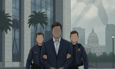 Illustration of a suited man escorted by two officers outside a courthouse, representing the Lamar Bunch sentence.