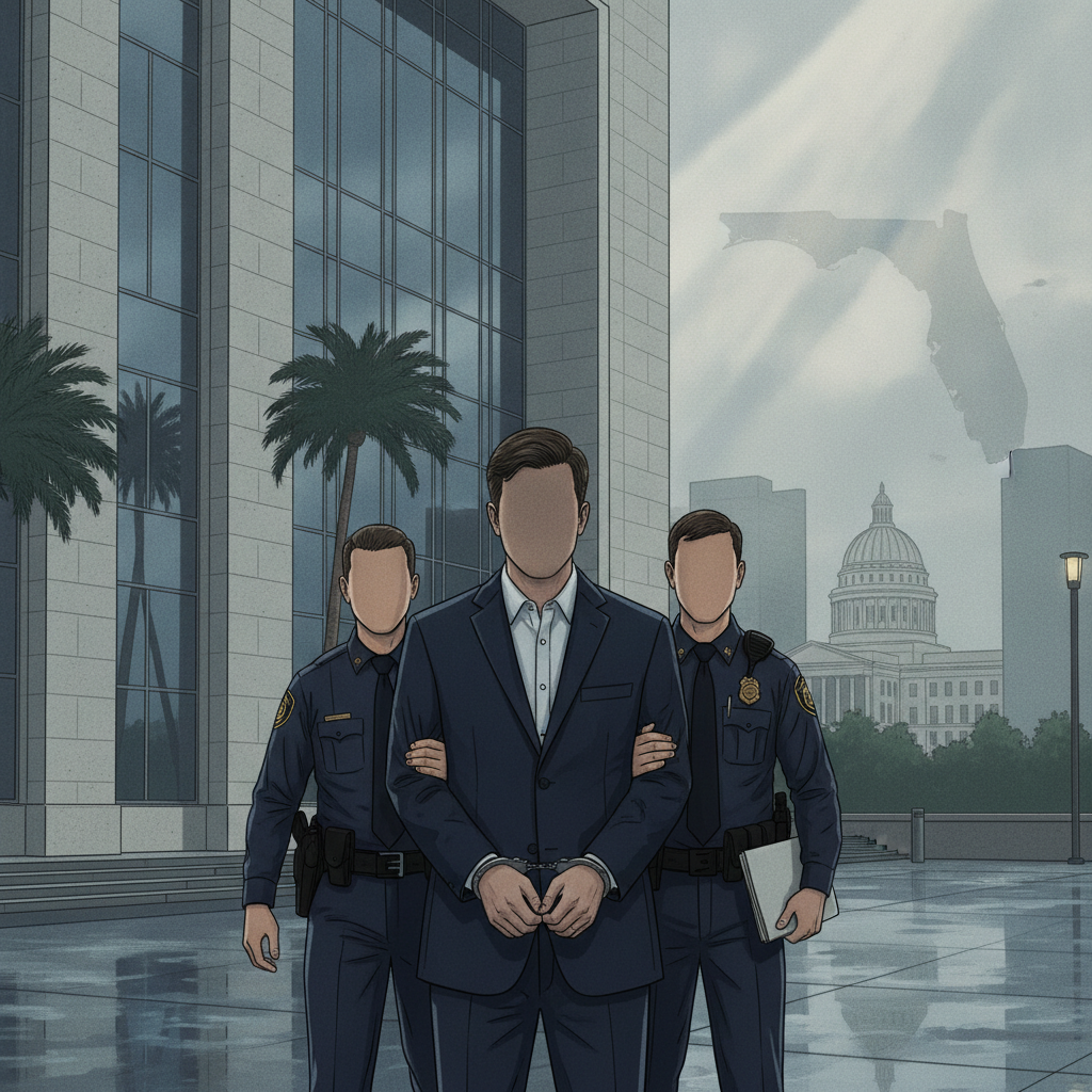 Illustration of a suited man escorted by two officers outside a courthouse, representing the Lamar Bunch sentence.