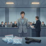 Ilustración de un hombre ante un tribunal, con bolsas de presunta droga y una pistola; ca — Marcello Hinojosa Tallahassee