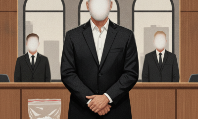 Illustration of a suited man in court beside methamphetamine evidence, a handgun, and a ju — Marcello Hinojosa Tallahassee