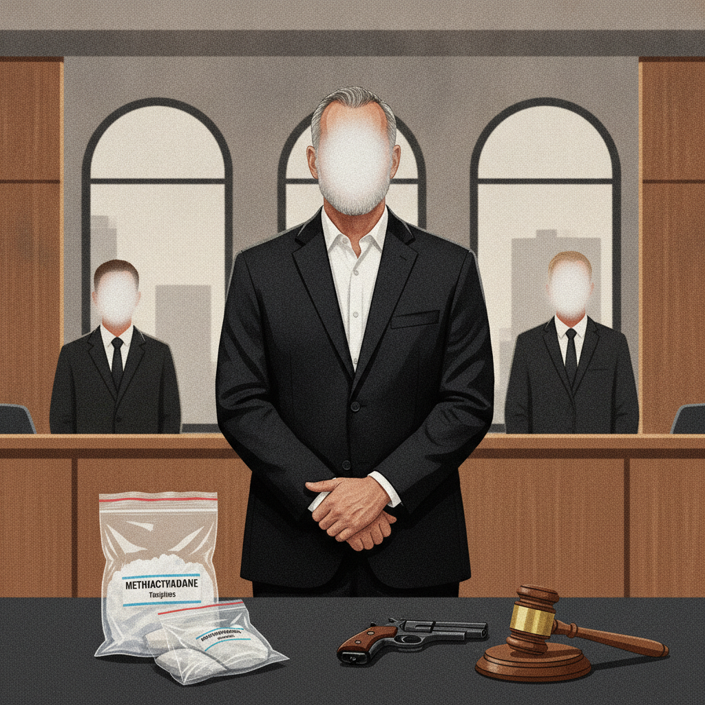 Illustration of a suited man in court beside methamphetamine evidence, a handgun, and a ju — Marcello Hinojosa Tallahassee