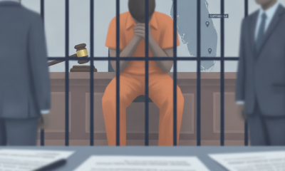Illustration of a jailed man in an orange uniform behind bars, with officials a — Mark David Swearingen Cottondale Florida