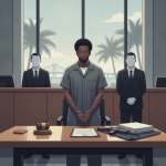 Illustration of a man standing before a courtroom table with two suited officers behind — Marquis DyMonte Bethea Pensacola