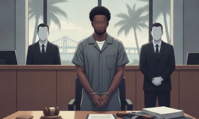 Illustration of a man standing before a courtroom table with two suited officers behind — Marquis DyMonte Bethea Pensacola