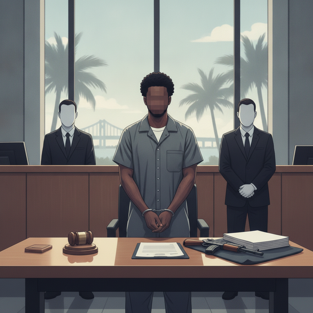 Illustration of a man standing before a courtroom table with two suited officers behind — Marquis DyMonte Bethea Pensacola