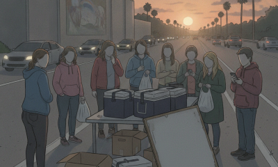 Group of people gathered around a table with food bags at sunset on a busy road, highlightin — Meals That Matter Pensacola