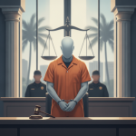 Illustration of a faceless man in an orange prison uniform standing handcuffed in court, with gua — Willie Curtis Slack Jr