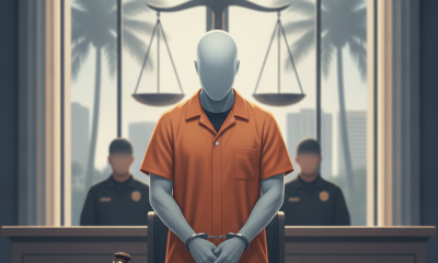 Illustration of a faceless man in an orange prison uniform standing handcuffed in court, with gua — Willie Curtis Slack Jr