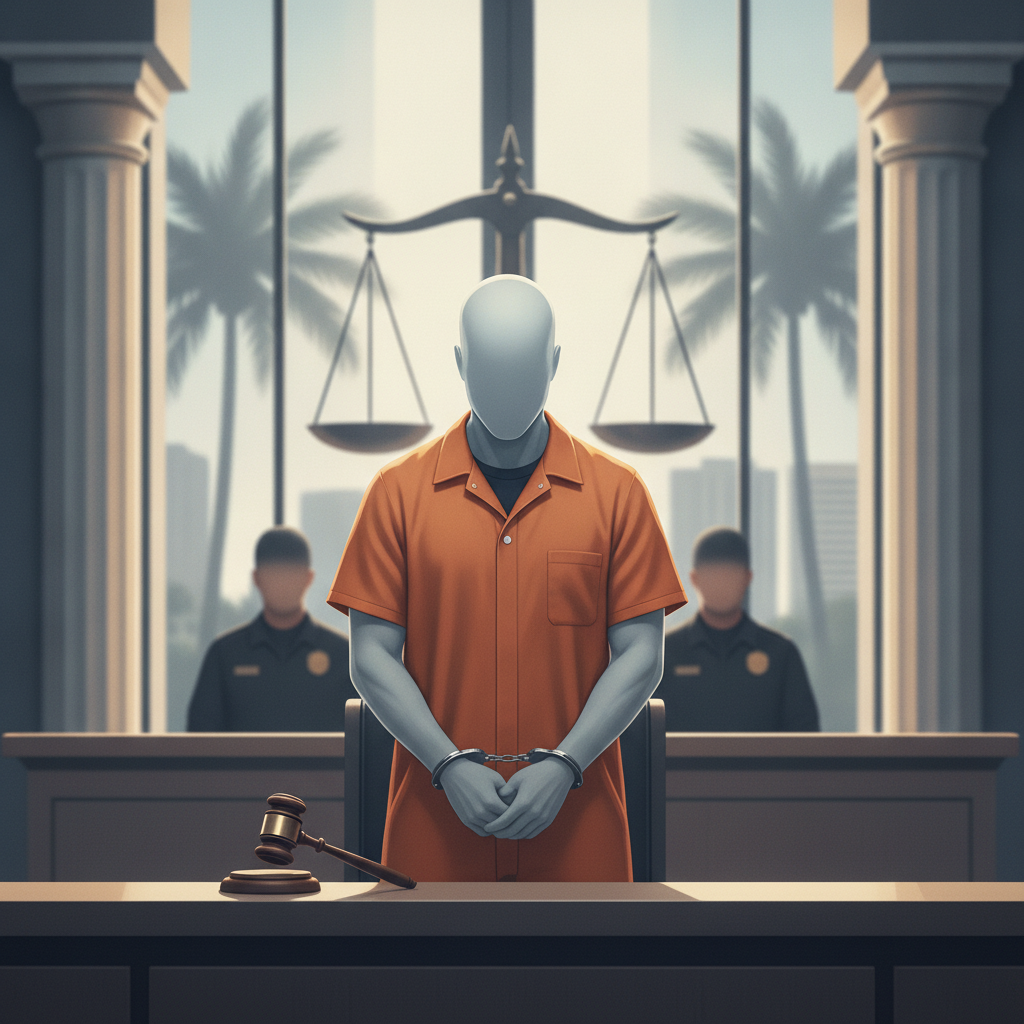Illustration of a faceless man in an orange prison uniform standing handcuffed in court, with gua — Willie Curtis Slack Jr