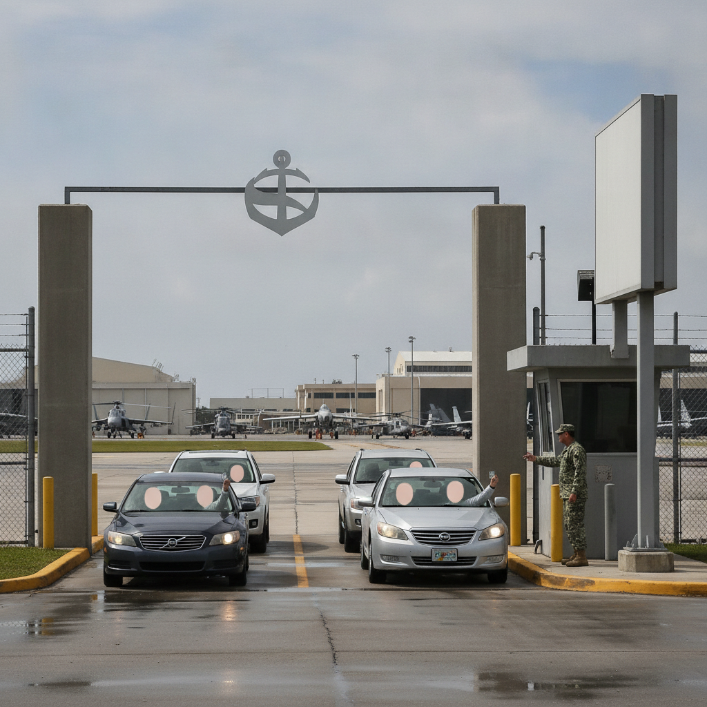 Vehicles entering NAS Pensacola through the West Gate, with a military personnel checkin — NAS Pensacola Normal Operations