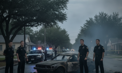 NAS Pensacola Sailors Killed Car Crash scene with officers beside a burned car and emergency lights on a smoky street.