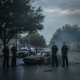 NAS Pensacola Sailors Killed Car Crash scene with officers beside a burned car and emergency lights on a smoky street.