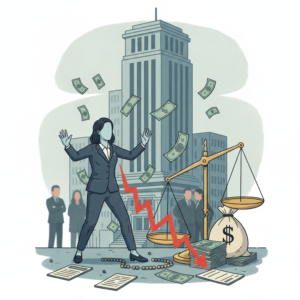 An illustration depicting a woman in business attire surrounded by falling money and a — Pam Childers Sues Escambia County