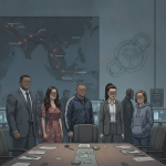 Illustration depicting a federal task force operation against Panama City drug trafficking, with a map and suspects.