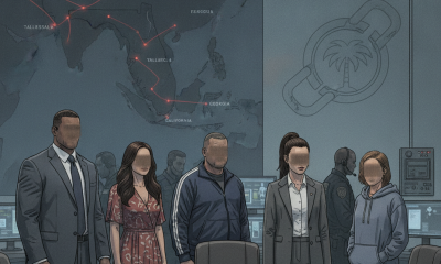Illustration depicting a federal task force operation against Panama City drug trafficking, with a map and suspects.
