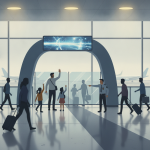 A family waves goodbye at an airport gate, with travelers and security personnel in t — Pensacola Airport Gateside Program