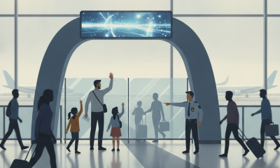 A family waves goodbye at an airport gate, with travelers and security personnel in t — Pensacola Airport Gateside Program