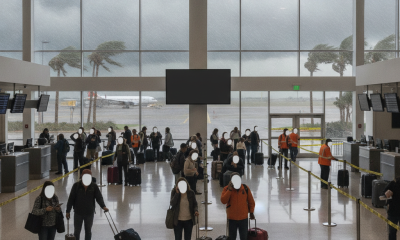 Passengers waiting in a nearly empty airport terminal as stormy weather approaches, h — Pensacola airport Hurricane Isaias