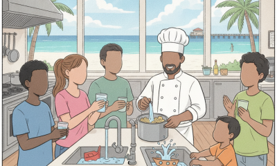 A chef in a kitchen prepares food while children hold glasses of water, celebrating th — Pensacola Beach Boil Water Notice