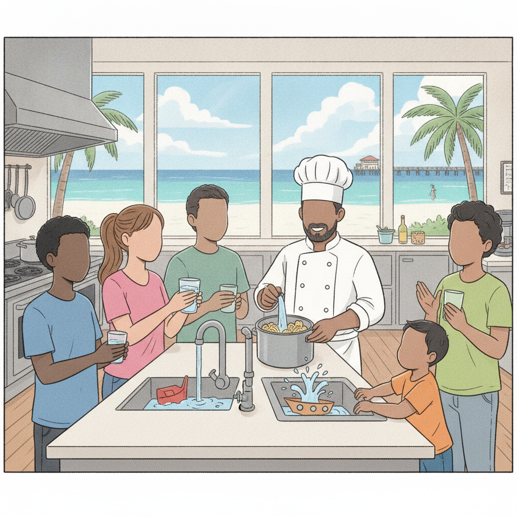 A chef in a kitchen prepares food while children hold glasses of water, celebrating th — Pensacola Beach Boil Water Notice