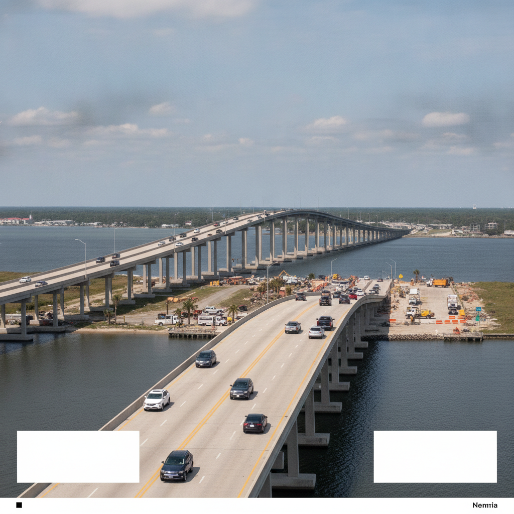 View of reopened Pensacola Bay Bridge with vehicles traveling and construction activity visib — Pensacola Bridges Reopened