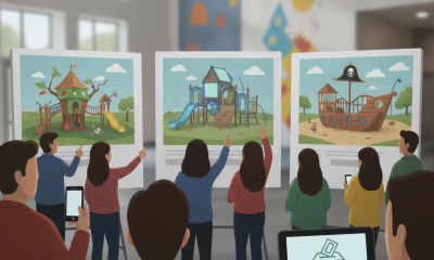 Grupo de personas votando por diseños de parque infantil del Fricker Center en un espacio interior.